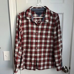 Tommy Hilfiger red plaid top with adjustable sleeves,  Size L. EUC!